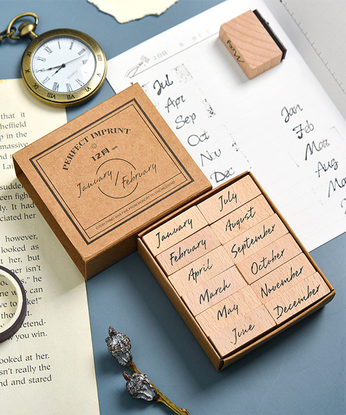 Week & Month Wooden Rubber Stamps Set
