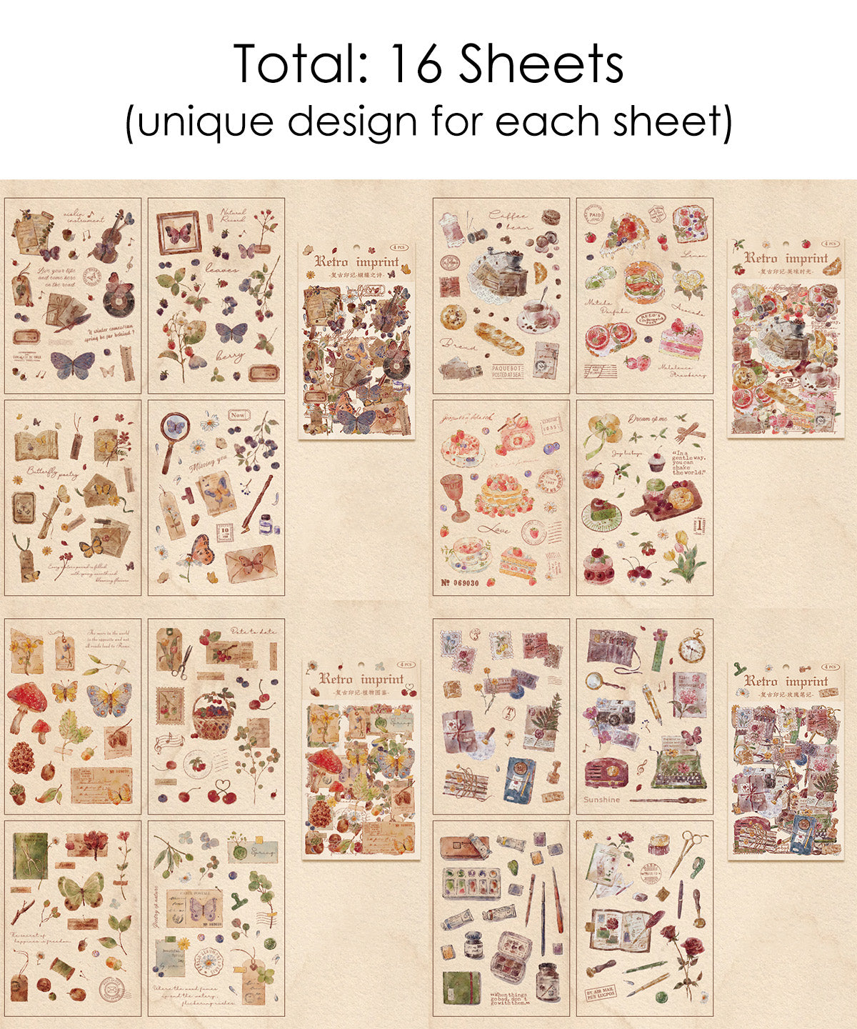 16 Sheets Retro Imprint PET Sticker Set
