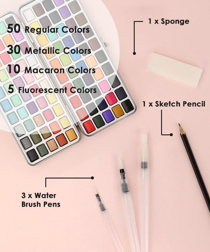 Premium Watercolor Set - 100 Colors With 24 Pcs Professional Paint Brush Set - Grabie